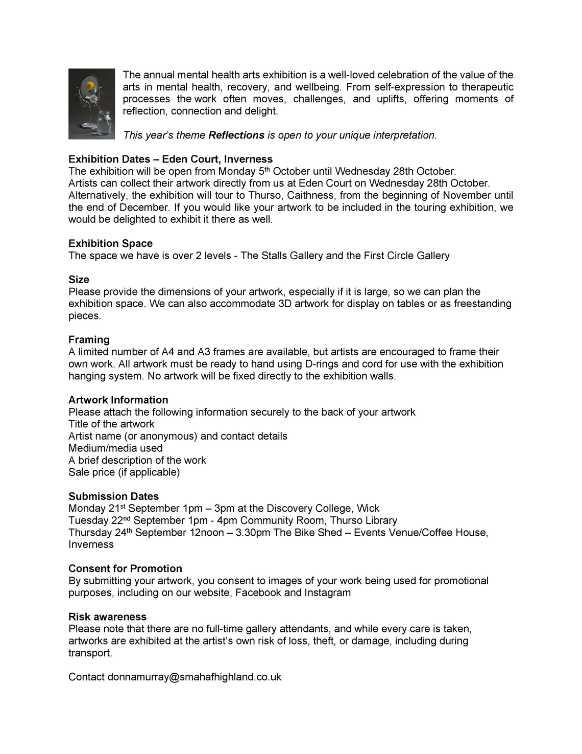 Art exhibition submission info for SMHAF Highland